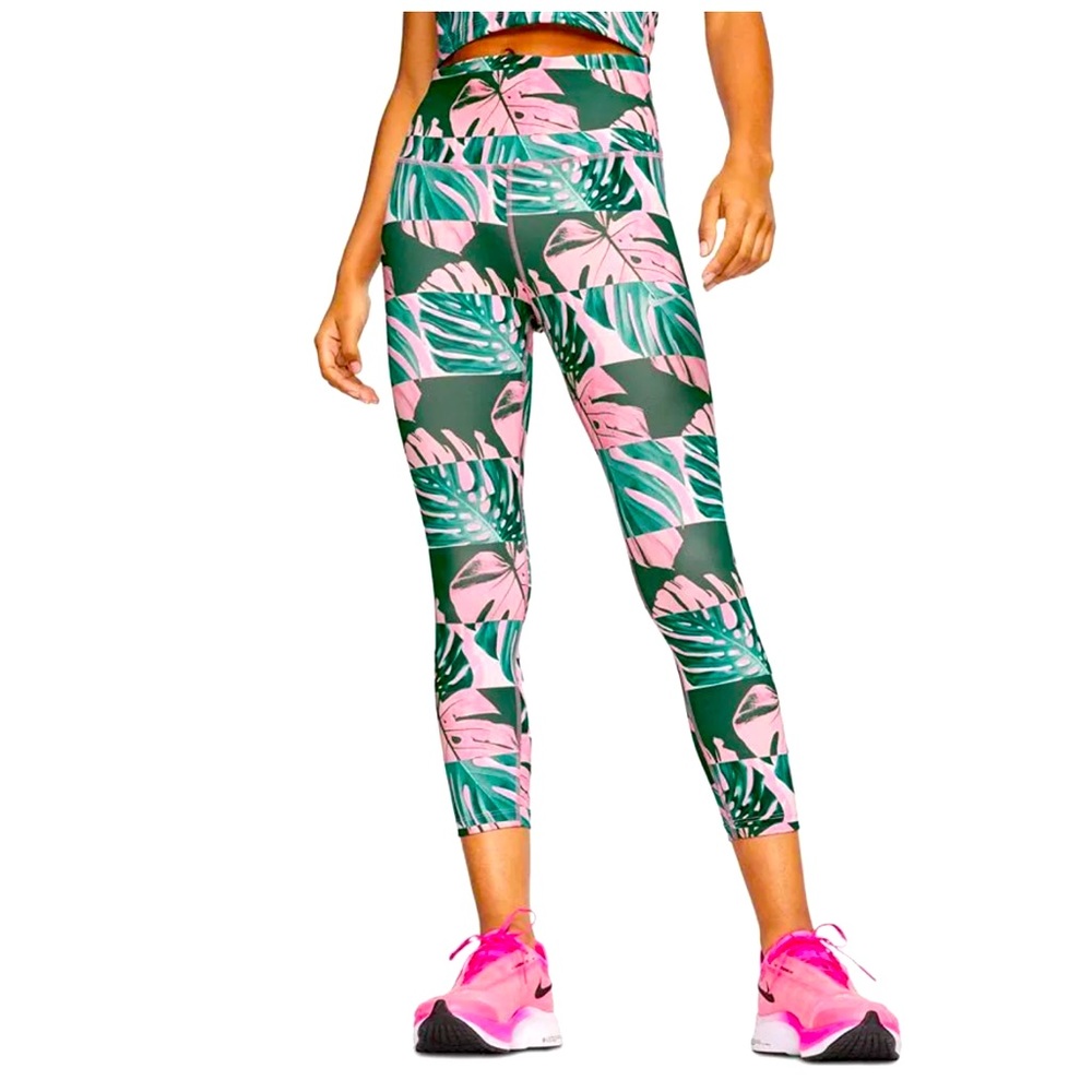Nike Women's Printed Botanical Crop Running Legging (Pink/Green, Large)